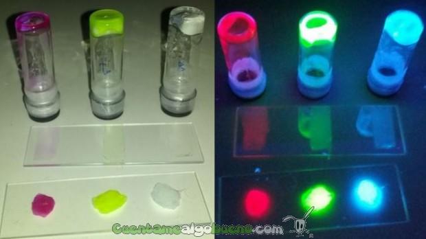 Gomas con proteínas luminiscentes roja, verde y azul usadas para fabricar los BioLED.