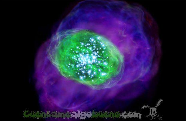 Muchas estrellas jóvenes y brillantes se encuentran en la galaxia e ionizan el gas que se encuentra dentro y a su alrededor. El color verde indica el oxígeno ionizado detectado por ALMA, mientras que el púrpura muestra la distribución del hidrógeno ionizado detectado por el telescopio Subaru. Foto: sinc.