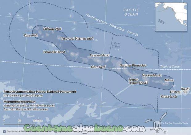 Límites anteriores y nuevos tras la ampliación de la reserva marina de Papahanaumokuakea.