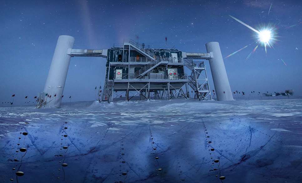 Ilustración basada en una imagen real del IceCube Lab, con sus sensores esféricos (llamados DOM) bajo el hielo para detectar neutrinos. Foto: IceCube/NSF