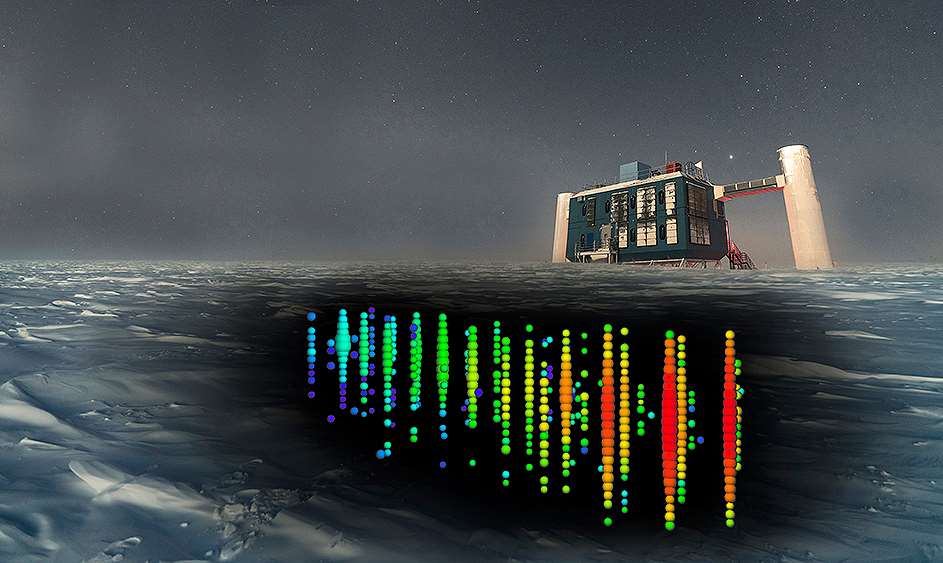 Representación del evento de neutrinos IC170922 en IceCube, donde se detectó una de estas partículas muy energéticas. / IceCube Collaboration. Foto: NSF