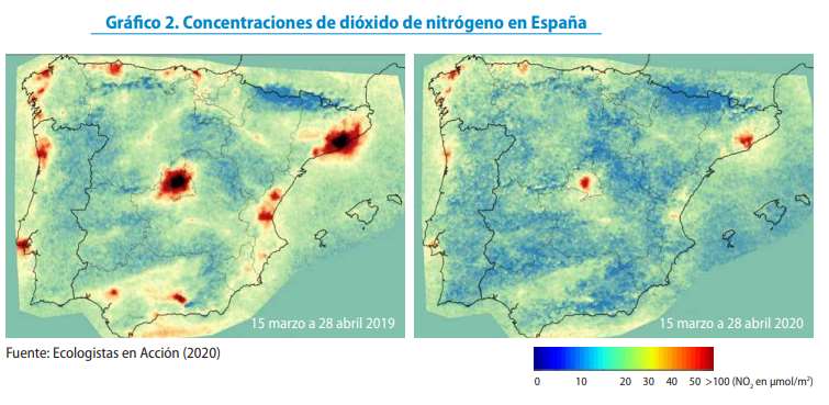 Concentraciones de dióxido de nitrógeno en España. Fuente: Ecologistas en Acción