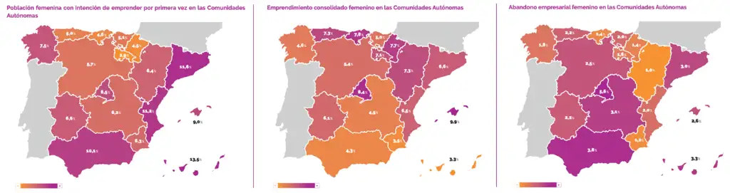 Mapa por comunidades autónomas: Población femenina con intención de emprender por primera vez | Emprendimiento consolidado femenino | Abandono empresarial femenino. Fuente: Informe Mujeres y Emprendimiento en España 2025, Instituto de las Mujeres.