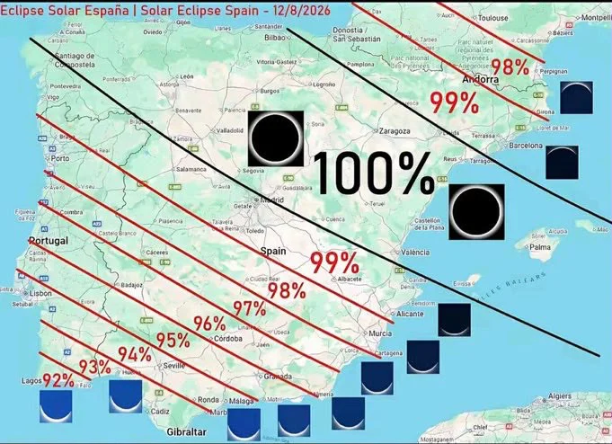 Mapa de la península y Baleares con el porcentaje de ocultación del Sol en el eclipse del miércoles | Imagen de Ministerio del Interior
